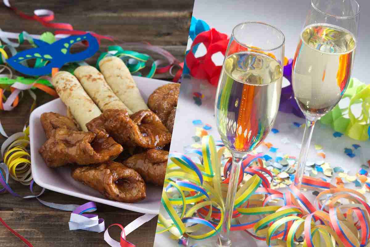 Dolci tipici del Carnevale e calici di bollicine