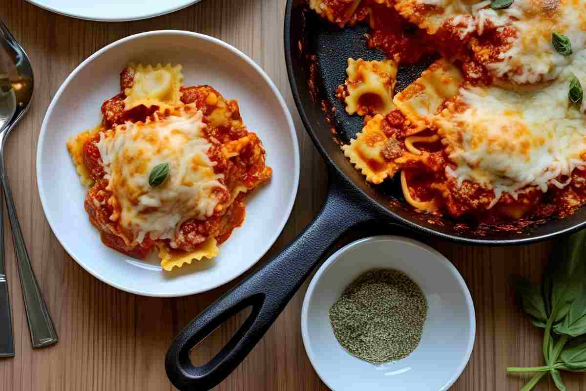 una padella con dei ravioli saltati, un piatto di ravioli e una ciotola di pepe